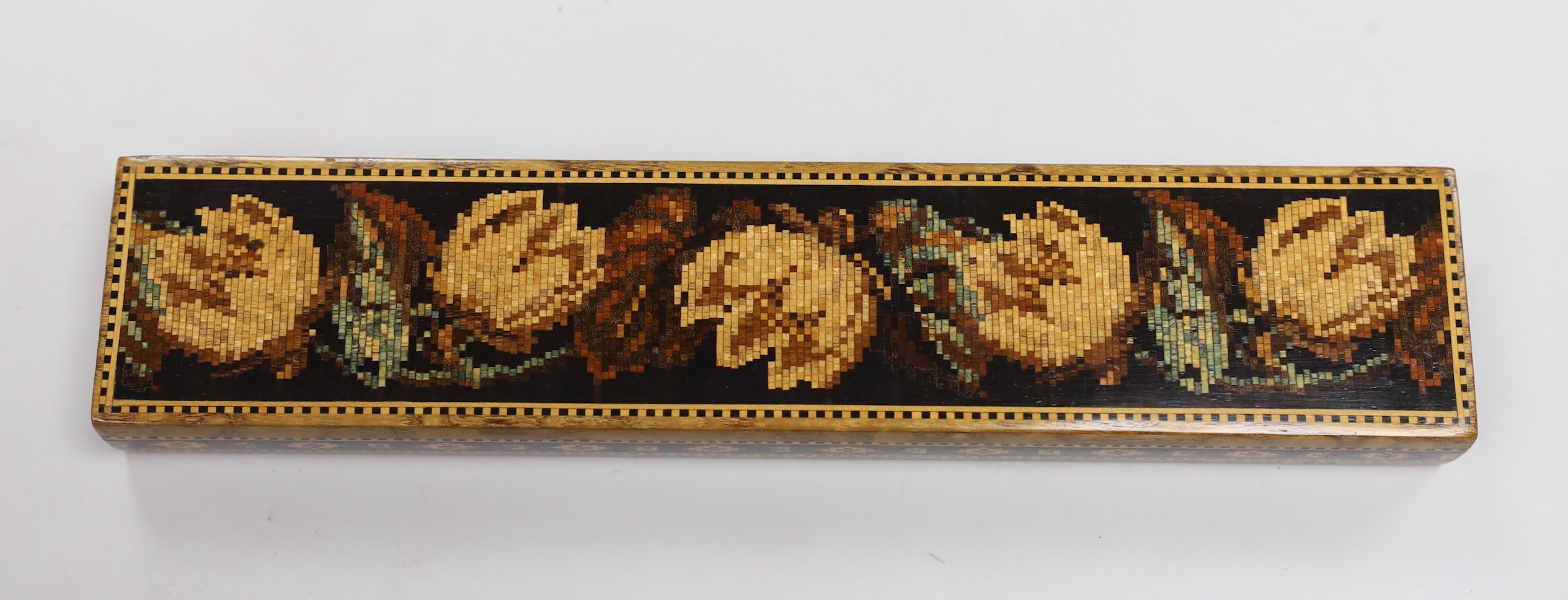 Tunbridgeware - a Hungarian ash case of lining paper samples, by Edmund Nye, possibly a travelling salesman’s sample set, 23.5cm, a stickware ladle, a napkin ring and a small box with rare portrait of a fox head